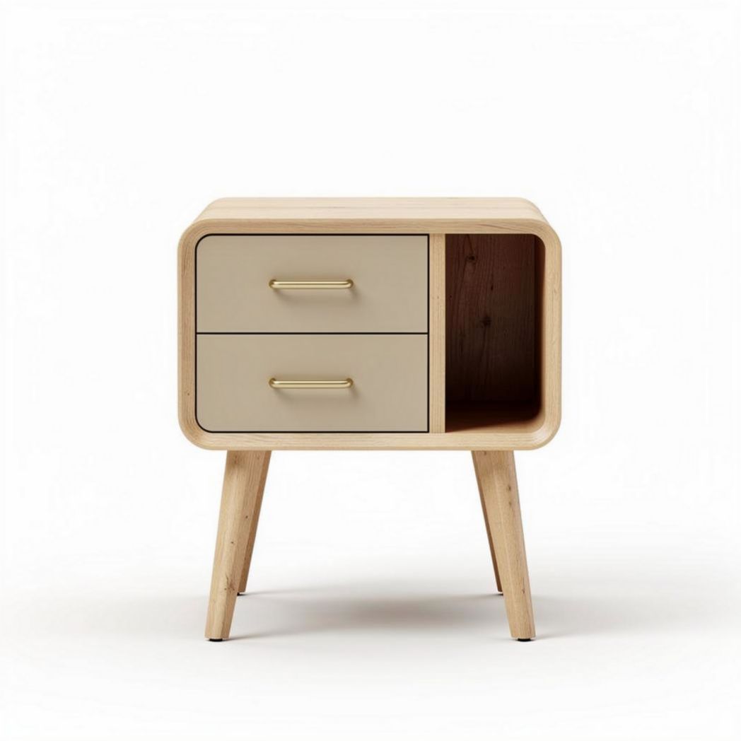 Table de chevet en bois avec deux tiroirs couleur beige dimensions 40 x 40 x 50cm