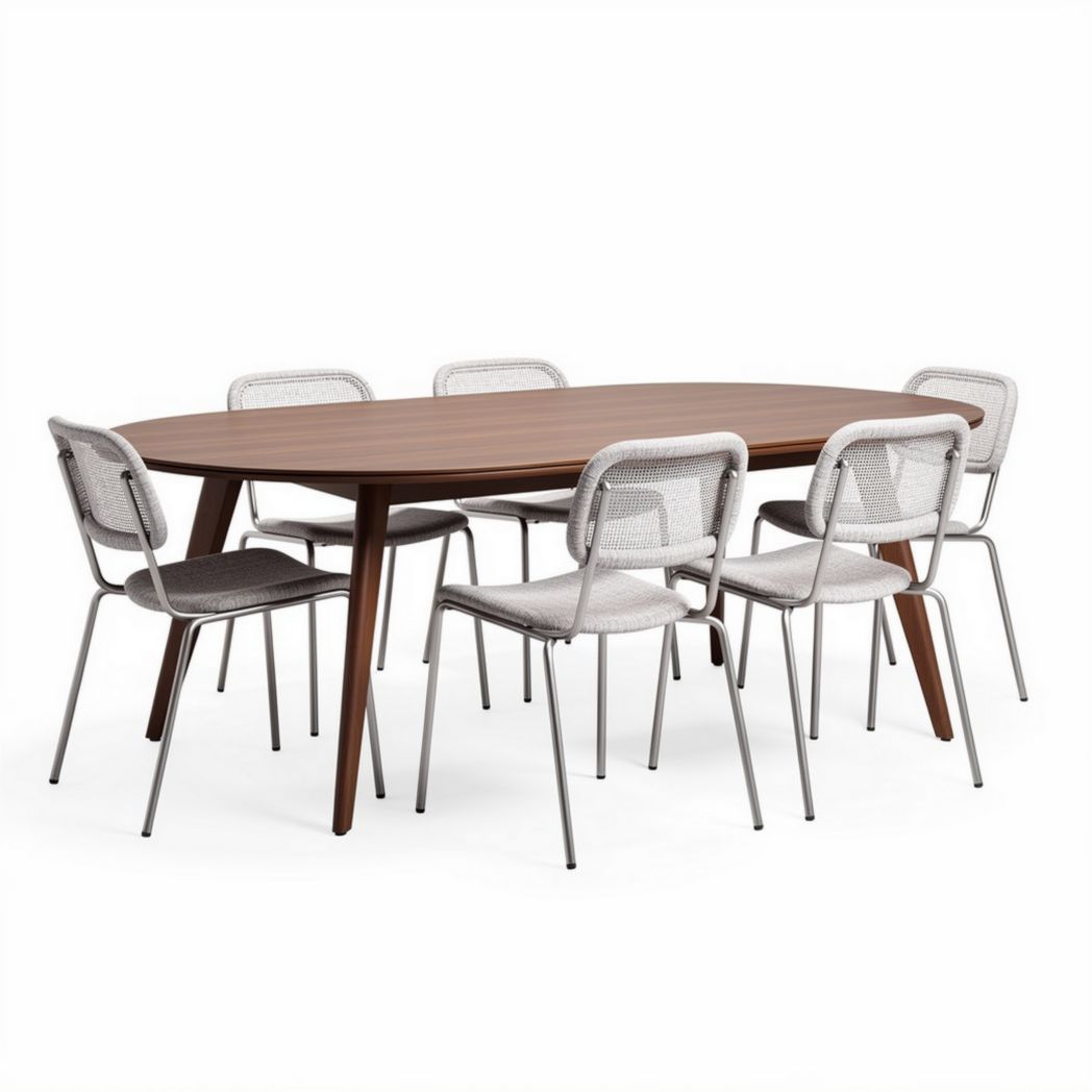Table ovale en bois avec 6 chaises en métal et tissu 240 x 120 x 75cm