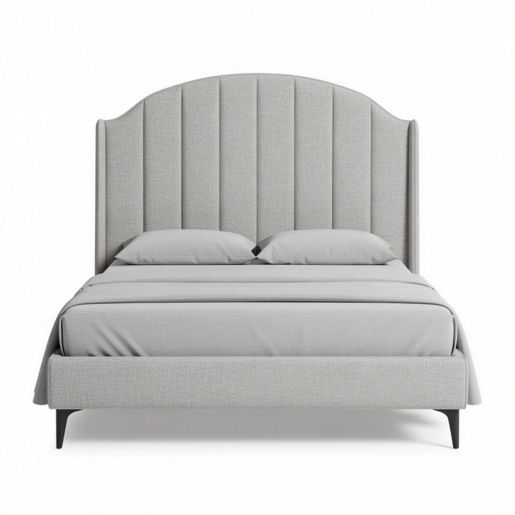 Lit double gris en tissu avec tête de lit rembourrée 200 x 160 x 120cm