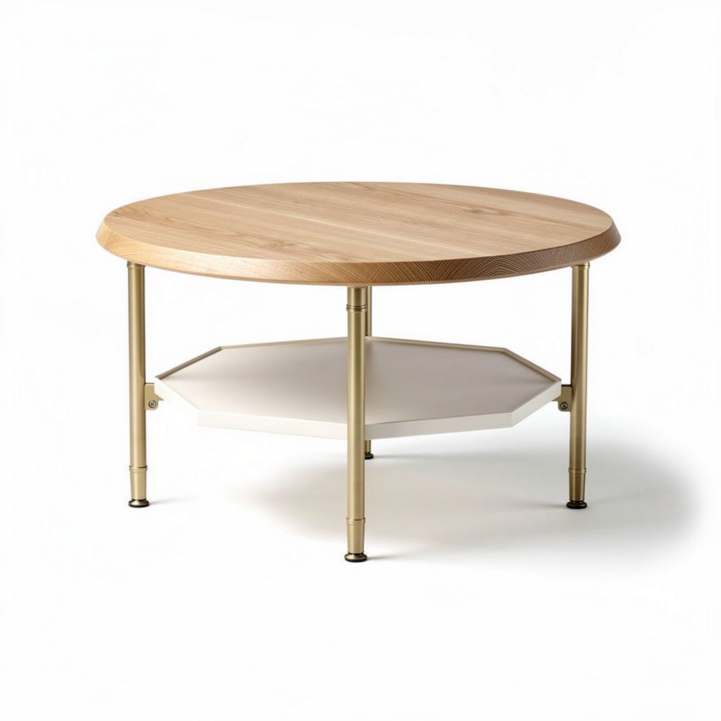 Table basse ronde en bois avec étagère blanche 80 x 80 x 40cm