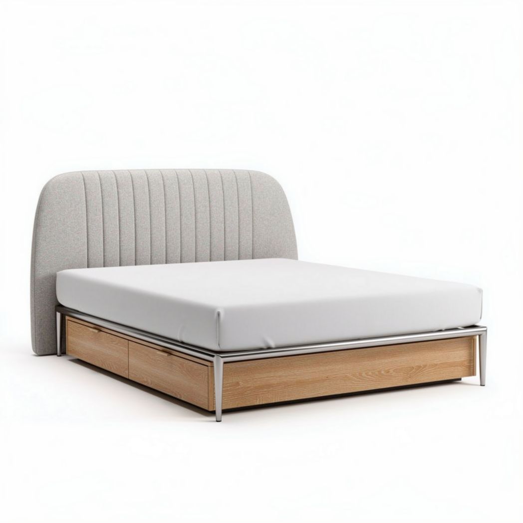 Lit en bois avec tête de lit rembourrée en tissu gris 200 x 160 x 100cm