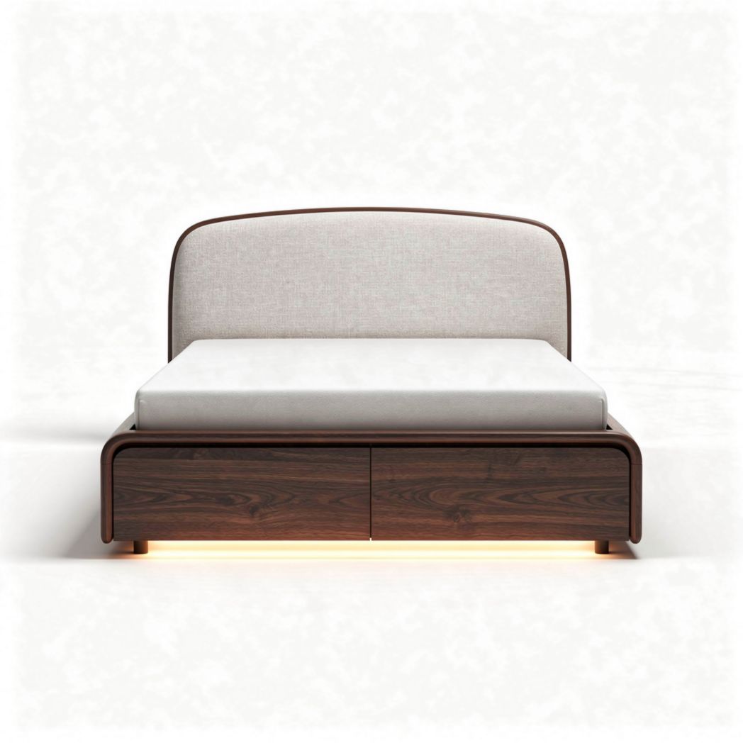 Lit en bois avec tête de lit en tissu gris taille 200 x 160 x 120cm