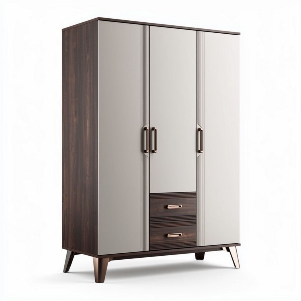 Armoire à trois portes en bois avec tiroirs marron et gris 180 x 90 x 40cm