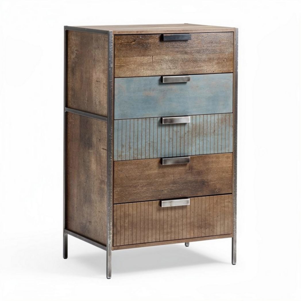 Commode en bois recyclé avec tiroirs en métal 50 x 30 x 80cm