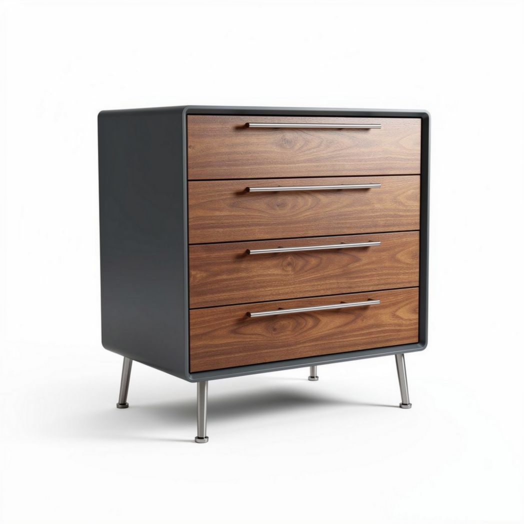 Commode en bois avec quatre tiroirs et pieds en acier 60 x 45 x 80cm