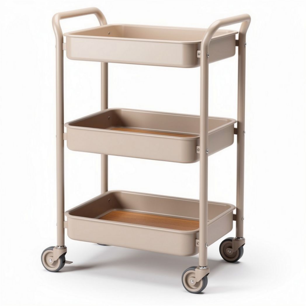 Chariot de rangement mobile en métal couleur beige avec trois étagères 70 x 40 x 80cm