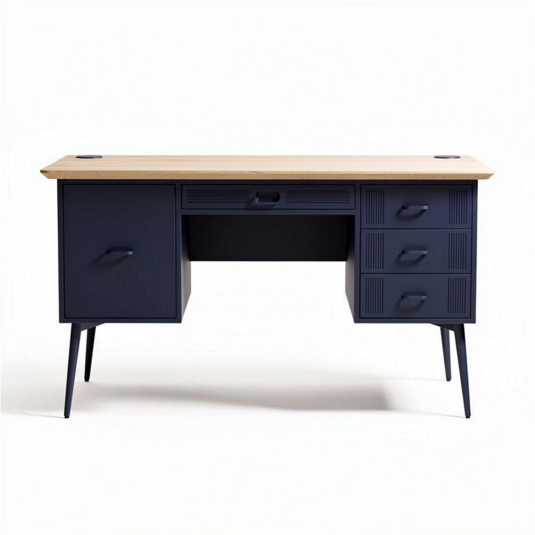 Bureau moderne en bois et métal couleur marine 120 x 60 x 75cm avec tiroirs